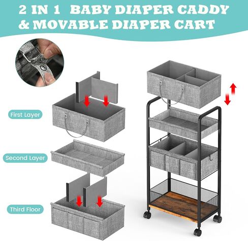 2In1 Baby Diaper Caddy & 3-Tier Rolling Diaper Cart, Diaper Caddy Organizer Cart with Dividers, Metal Detachable Bedside Cart for Baby Nursery Essentials, Large Capacity, Easy to Assemble in Saudi Arabia