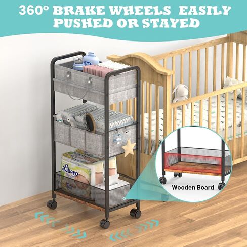 2In1 Baby Diaper Caddy & 3-Tier Rolling Diaper Cart, Diaper Caddy Organizer Cart with Dividers, Metal Detachable Bedside Cart for Baby Nursery Essentials, Large Capacity, Easy to Assemble in Saudi Arabia