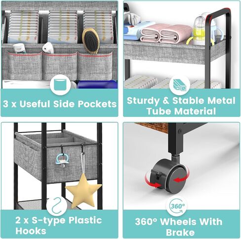 2In1 Baby Diaper Caddy & 3-Tier Rolling Diaper Cart, Diaper Caddy Organizer Cart with Dividers, Metal Detachable Bedside Cart for Baby Nursery Essentials, Large Capacity, Easy to Assemble in Saudi Arabia