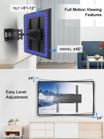 UL Listed TV Wall Mount with LED Lights, Full Motion TV Mount for Most 32 42 50 55 65 70 inch TVs, Adjustable TV Brackets with Swivel & Tilt, Extension, Dual Articulating TV Mount in Saudi Arabia