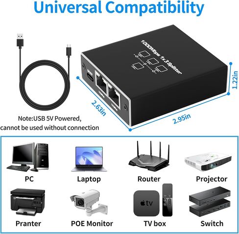 Ethernet Splitter 1 to 2 RJ45 100Mbps Network Adapter, LAN Splitter with USB Power Cable, Internet Splitter for Cat5/5e/6/7/8 Cable, 2 Devices Simultaneously Networking in Saudi Arabia