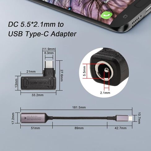 DC 5.5mm x 2.1 mm Input to USB Type C Adapter+DC to USB C Cable, 90 Degree DC Female to USB Type C Male Power Charging Adapter 140W for Laptop, Phone in Kuwait