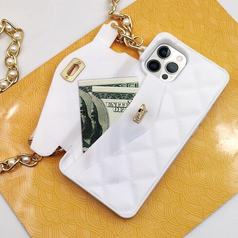 Omio for iPhone 13 Pro Max Handbag Case with Flip Card Holder Wrist Lanyard Strap Soft Silicone Cover for iPhone 13 Pro Max Wallet Case for Women Luxury Stylish Long Pearl Crossbody Chain Case Black in Kuwait