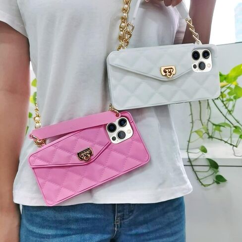 Omio for iPhone 13 Pro Max Handbag Case with Flip Card Holder Wrist Lanyard Strap Soft Silicone Cover for iPhone 13 Pro Max Wallet Case for Women Luxury Stylish Long Pearl Crossbody Chain Case Black in Kuwait