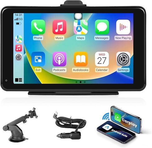 شاشة Podofo اللاسلكية Apple Carplay، محمولة 7 بوصة لاسلكية تعمل باللمس بنظام Android وراديو السيارة، نظام ملاحة Drive Mate Carplay مع Airplay/MirrorLink/FM/Bluetooth/AUX، شاشة تشغيل السيارة للسيارة (7-32 فولت) in Saudi Arabia