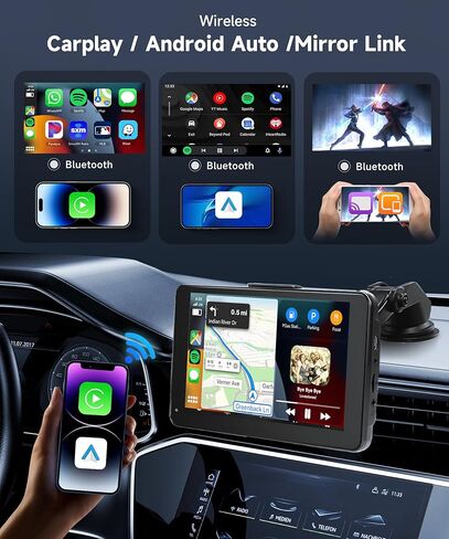 شاشة Podofo اللاسلكية Apple Carplay، محمولة 7 بوصة لاسلكية تعمل باللمس بنظام Android وراديو السيارة، نظام ملاحة Drive Mate Carplay مع Airplay/MirrorLink/FM/Bluetooth/AUX، شاشة تشغيل السيارة للسيارة (7-32 فولت) in Saudi Arabia