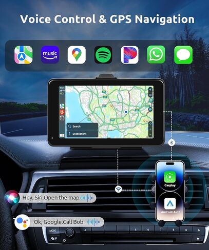 شاشة Podofo اللاسلكية Apple Carplay، محمولة 7 بوصة لاسلكية تعمل باللمس بنظام Android وراديو السيارة، نظام ملاحة Drive Mate Carplay مع Airplay/MirrorLink/FM/Bluetooth/AUX، شاشة تشغيل السيارة للسيارة (7-32 فولت) in Saudi Arabia