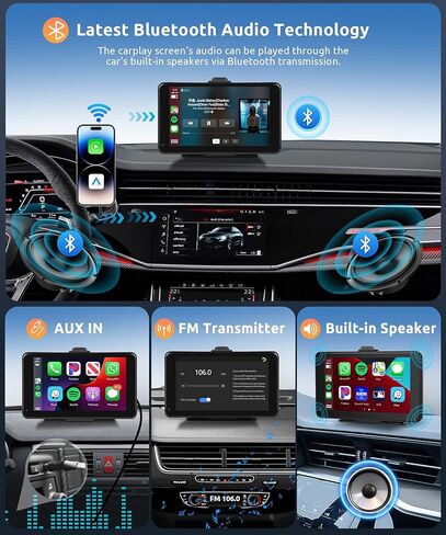 شاشة Podofo اللاسلكية Apple Carplay، محمولة 7 بوصة لاسلكية تعمل باللمس بنظام Android وراديو السيارة، نظام ملاحة Drive Mate Carplay مع Airplay/MirrorLink/FM/Bluetooth/AUX، شاشة تشغيل السيارة للسيارة (7-32 فولت) in Saudi Arabia