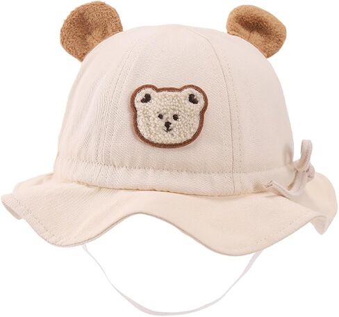 SXYPAYXS-Baby Sunhat Cartoon Bear Embroidery Wide Brim Spring Summer Bucket Cap Chin Straps Sunscreen Hats for 0-2 Years Baby in Saudi Arabia