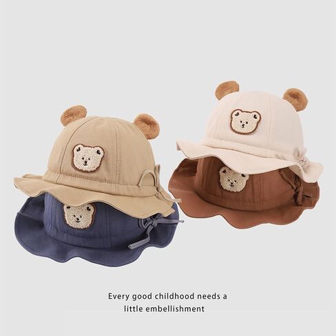 SXYPAYXS-Baby Sunhat Cartoon Bear Embroidery Wide Brim Spring Summer Bucket Cap Chin Straps Sunscreen Hats for 0-2 Years Baby in Saudi Arabia
