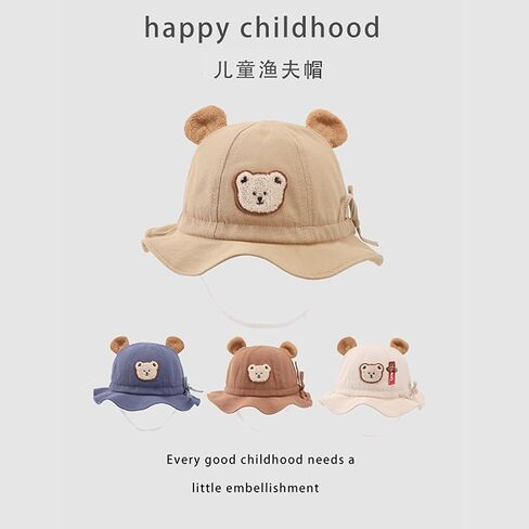 SXYPAYXS-Baby Sunhat Cartoon Bear Embroidery Wide Brim Spring Summer Bucket Cap Chin Straps Sunscreen Hats for 0-2 Years Baby in Saudi Arabia
