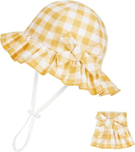 Zando Baby Sun Hat Toddle Cute Ruffle Brim Baby Beach Hat Cotton Checkered Baby Hats UPF 50+ Adjustable Bucket Hat for 0-2T in Saudi Arabia