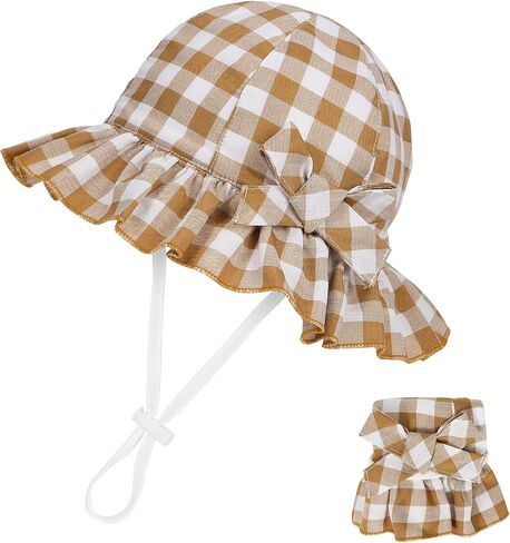 Zando Baby Sun Hat Toddle Cute Ruffle Brim Baby Beach Hat Cotton Checkered Baby Hats UPF 50+ Adjustable Bucket Hat for 0-2T in Saudi Arabia