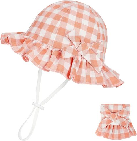 Zando Baby Sun Hat Toddle Cute Ruffle Brim Baby Beach Hat Cotton Checkered Baby Hats UPF 50+ Adjustable Bucket Hat for 0-2T in Saudi Arabia