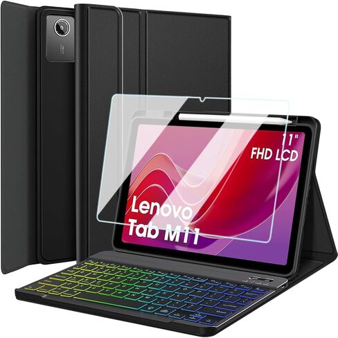Case with Keyboard for Lenovo Tab M11 11 inch 2024 (TB330FU/TB330XU), 7 Color Rainbow Backlight Detachable Bluetooth Keyboard Cover with HD Screen Protector for Tablet M11 2024 in Saudi Arabia