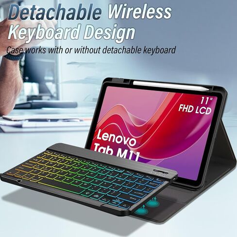 Case with Keyboard for Lenovo Tab M11 11 inch 2024 (TB330FU/TB330XU), 7 Color Rainbow Backlight Detachable Bluetooth Keyboard Cover with HD Screen Protector for Tablet M11 2024 in Saudi Arabia