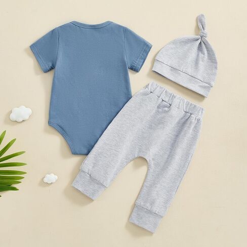 Newborn Baby Boy Summer Outfit Letter Print Short Sleeve Romper With Fish Pants Hat Coming Home Clothes in Saudi Arabia