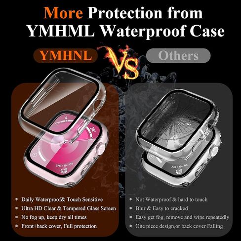 حافظة YMHML مقاومة للماء لساعة Apple Watch Series 9 مقاس 45 مم، واقي شاشة 45 مم، عبوتان 2023 ترقية جديدة لجهاز الكمبيوتر الصلب مع غطاء وجه حساس للمس من الزجاج المقوى فائق الدقة لملحقات iWatch 9/8/7، أسود in Kuwait