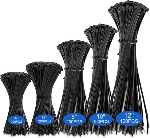 Zip Ties,800 Pack,Assorted Sizes 12+10+8+6+4 Inch,Black Self-Locking Nylon Cable Ties,Comprehensive Size for Indoor Outdoor Use,Perfect for Home,Office,Garden,and Workshop.UV Resistant in Saudi Arabia