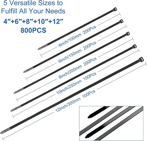 Zip Ties,800 Pack,Assorted Sizes 12+10+8+6+4 Inch,Black Self-Locking Nylon Cable Ties,Comprehensive Size for Indoor Outdoor Use,Perfect for Home,Office,Garden,and Workshop.UV Resistant in Saudi Arabia