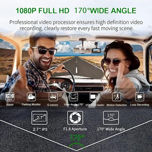 كاميرا داش كام للسيارات، كاميرا داش بدقة 1080 بيكسل عالية الدقة مع بطاقة 64 جيجا مجانية، كاميرا داش كام مع شاشة إل سي دي 2.7 بوصة، كاميرا سيارة مع WDR، رؤية ليلية، قفل تلقائي بمستشعر G، تسجيل حلقة، وضع ركن السيارة in Kuwait