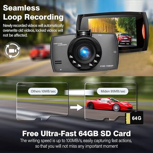 كاميرا داش كام للسيارات، كاميرا داش بدقة 1080 بيكسل عالية الدقة مع بطاقة 64 جيجا مجانية، كاميرا داش كام مع شاشة إل سي دي 2.7 بوصة، كاميرا سيارة مع WDR، رؤية ليلية، قفل تلقائي بمستشعر G، تسجيل حلقة، وضع ركن السيارة in Kuwait