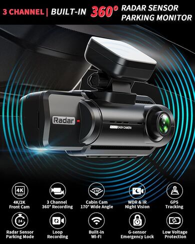 3 Channel 360° Dash cam 24 Hours Parking Mode, 4K+1080P Front and Rear, 1440P+1080P+1080P Front and Rear Inside, Three Way GPS Car Camera with WiFi, IR Night Vision, included 128G Card(A99WB) in Saudi Arabia