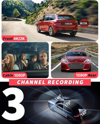 3 Channel 360° Dash cam 24 Hours Parking Mode, 4K+1080P Front and Rear, 1440P+1080P+1080P Front and Rear Inside, Three Way GPS Car Camera with WiFi, IR Night Vision, included 128G Card(A99WB) in Saudi Arabia