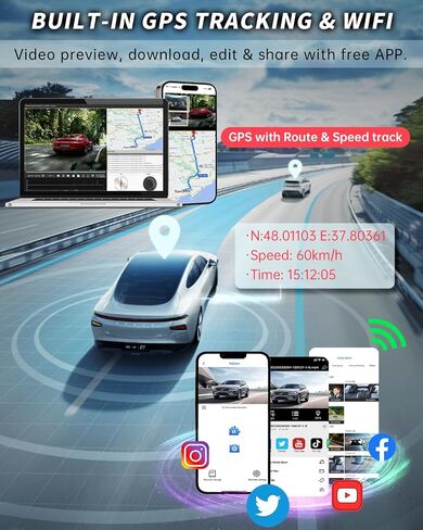 3 Channel 360° Dash cam 24 Hours Parking Mode, 4K+1080P Front and Rear, 1440P+1080P+1080P Front and Rear Inside, Three Way GPS Car Camera with WiFi, IR Night Vision, included 128G Card(A99WB) in Saudi Arabia