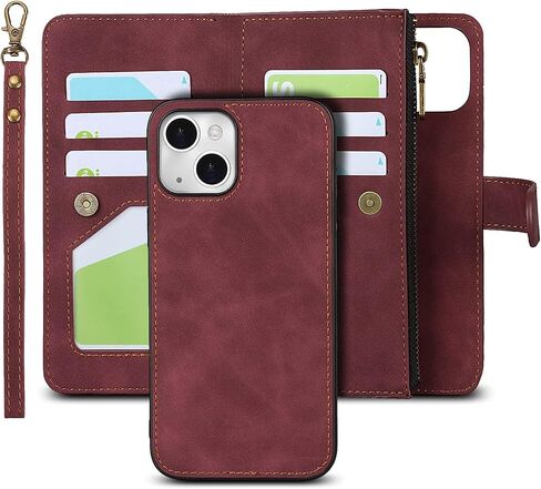 iCoverCase Compatible with iPhone 13 Wallet Phone Case with Card Holder, PU Leather Zipper Pocket Magnetic Detachable Flip Case with Wrist Strap (Blue) in Saudi Arabia