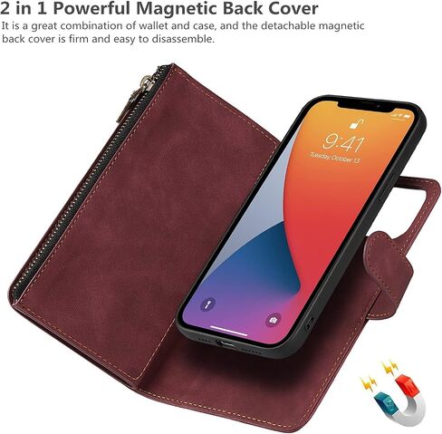 iCoverCase Compatible with iPhone 13 Wallet Phone Case with Card Holder, PU Leather Zipper Pocket Magnetic Detachable Flip Case with Wrist Strap (Blue) in Saudi Arabia