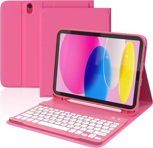 حافظة iPad الجيل العاشر مع لوحة مفاتيح (10.9 بوصة، 2022)، حافظة الجيل العاشر لجهاز iPad مع لوحة مفاتيح BT لاسلكية قابلة للفصل، زوايا رؤية متعددة، مفاتيح ملونة ناعمة، حامل أقلام - أحمر بطيخ in Saudi Arabia
