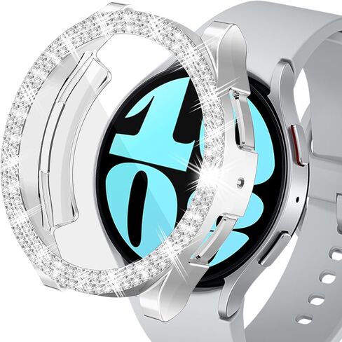 Bling Case Compatible with Samsung Galaxy Watch 6 40mm 44mm Sparkling Double Row Diamonds Flexible TPU Built-in HD Screen Protector Anti Scratch Bumper Cover for Women Girls（Black，40mm in Saudi Arabia