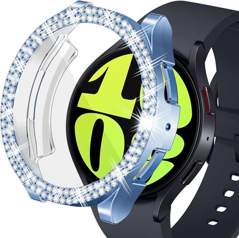 Bling Case Compatible with Samsung Galaxy Watch 6 40mm 44mm Sparkling Double Row Diamonds Flexible TPU Built-in HD Screen Protector Anti Scratch Bumper Cover for Women Girls（Black，40mm in Saudi Arabia