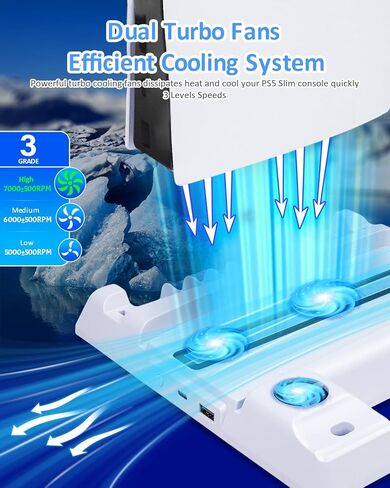 JZW-Shop PS5 Slim Stand with Cooling Station for PS5 Slim/PS5 Disc & Digital, PS5 Slim Controller Charger with 3-Level Cooling Fan, RGB Light, USB Hub and 11 Game Slots for PS5 Slim Accessories in Kuwait