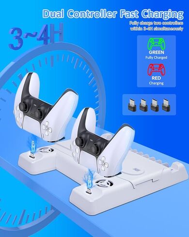 JZW-Shop PS5 Slim Stand with Cooling Station for PS5 Slim/PS5 Disc & Digital, PS5 Slim Controller Charger with 3-Level Cooling Fan, RGB Light, USB Hub and 11 Game Slots for PS5 Slim Accessories in Kuwait