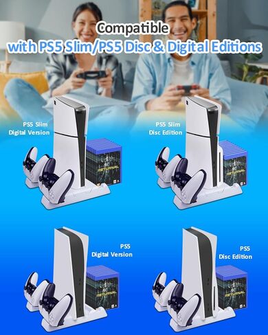 JZW-Shop PS5 Slim Stand with Cooling Station for PS5 Slim/PS5 Disc & Digital, PS5 Slim Controller Charger with 3-Level Cooling Fan, RGB Light, USB Hub and 11 Game Slots for PS5 Slim Accessories in Kuwait