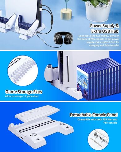 JZW-Shop PS5 Slim Stand with Cooling Station for PS5 Slim/PS5 Disc & Digital, PS5 Slim Controller Charger with 3-Level Cooling Fan, RGB Light, USB Hub and 11 Game Slots for PS5 Slim Accessories in Kuwait