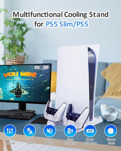 JZW-Shop PS5 Slim Stand with Cooling Station for PS5 Slim/PS5 Disc & Digital, PS5 Slim Controller Charger with 3-Level Cooling Fan, RGB Light, USB Hub and 11 Game Slots for PS5 Slim Accessories in Kuwait