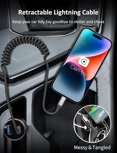 كابل شاحن iPhone 6FT للسيارة، 2 حزمة كابل Lightning ملفوف [معتمد من Apple MFi] سلك شحن سريع iPhone قابل للسحب بطول 6 أقدام لـ Apple CarPlay iPhone 14 13 12 11 Pro Max XR XS 8 SE، iPad Air Mini in Kuwait