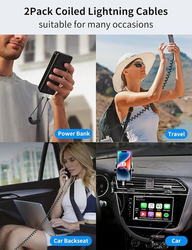 كابل شاحن iPhone 6FT للسيارة، 2 حزمة كابل Lightning ملفوف [معتمد من Apple MFi] سلك شحن سريع iPhone قابل للسحب بطول 6 أقدام لـ Apple CarPlay iPhone 14 13 12 11 Pro Max XR XS 8 SE، iPad Air Mini in Kuwait