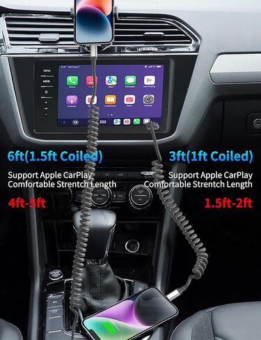 كابل شاحن iPhone 6FT للسيارة، 2 حزمة كابل Lightning ملفوف [معتمد من Apple MFi] سلك شحن سريع iPhone قابل للسحب بطول 6 أقدام لـ Apple CarPlay iPhone 14 13 12 11 Pro Max XR XS 8 SE، iPad Air Mini in Kuwait