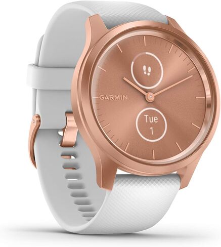 Garmin vivomove Style, Hybrid Smartwatch with Real Watch Hands and Hidden Color Touchscreen Displays, Rose Gold with White Silicone Band (Renewed) in Saudi Arabia