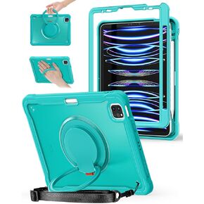 BRAECN Apple iPad Pro 11 inch Case, iPad Air 5th/4th Gen 10.9'' 2022/2020 Shockproof Protective Case with Pencil Holder 360° Rotatable Kickstand Shoulder Strap for Kids, Black Transparent