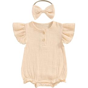 VISGOGO Baby Girl Romper Solid Color Buttons Fly Sleeve Cotton Linen Newborn Infant Girl Bodysuits Summer Clothes Headband