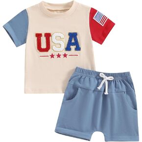 Gueuusu 4th of July Baby Boy Outfit Toddler USA Letter Patch Short Sleeve T Shirt American Flag Shorts Set Summer Clothes