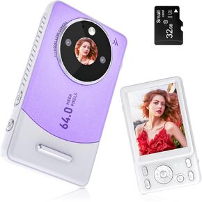 4K Digital Camera for Photography, Dual Lens 64MP Vlogging Camera with Selfie Mirror, 120°Ultra Wide Angle, 18X Digital Zoom, Video Compact Travel Autofocus Camera for YouTube, for Beginner(Purple)