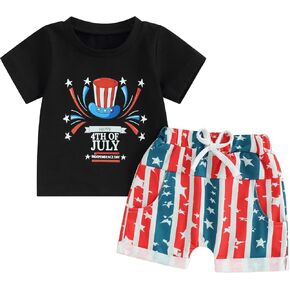 Toddler Baby Boy 4th Of July Tracksuit Shorts Set Lettered Short Sleeve Tops Elastic Start Striped Shorts Set