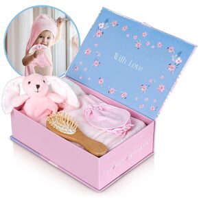 Baby Towels with Hood Newborn Gift Set - Gentle & Soft Baby Bath Towels Hooded w/Washcloths, Mittens, Brush, & Ultra Soft Security Blanket, Infant Hooded Towels for Baby Girl & Boy, Blue
