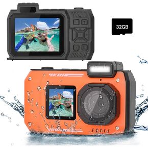 4K Underwater Camera 33 FT Waterproof Camera with Dual Screens Selfie Digital Camera Built-in 2500 mAh Battery 48MP Autofocus Waterproof Digital Camera for Snorkeling with 32 GB Card,18x Zoom,Orange